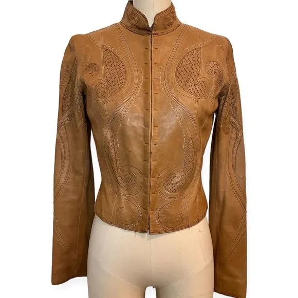 ELIE TAHARI X BERGDORF GOODMAN Cognac Ornate Leather Jacket, Size Small